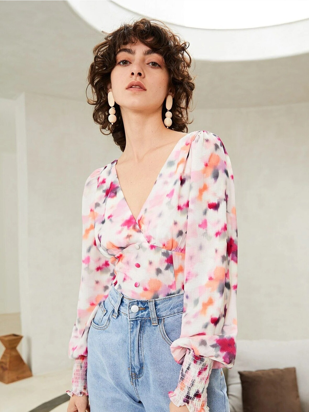 

Stylecast X Slyck Abstract Printed V-Neck Top, Peach