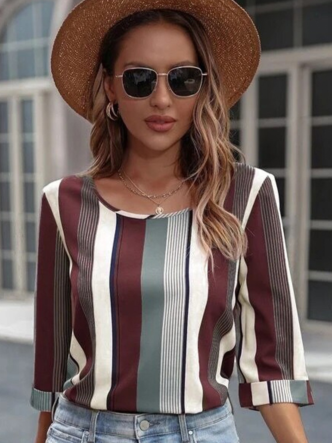 

Stylecast X Slyck Maroon Vertical Stripes Round Neck Top