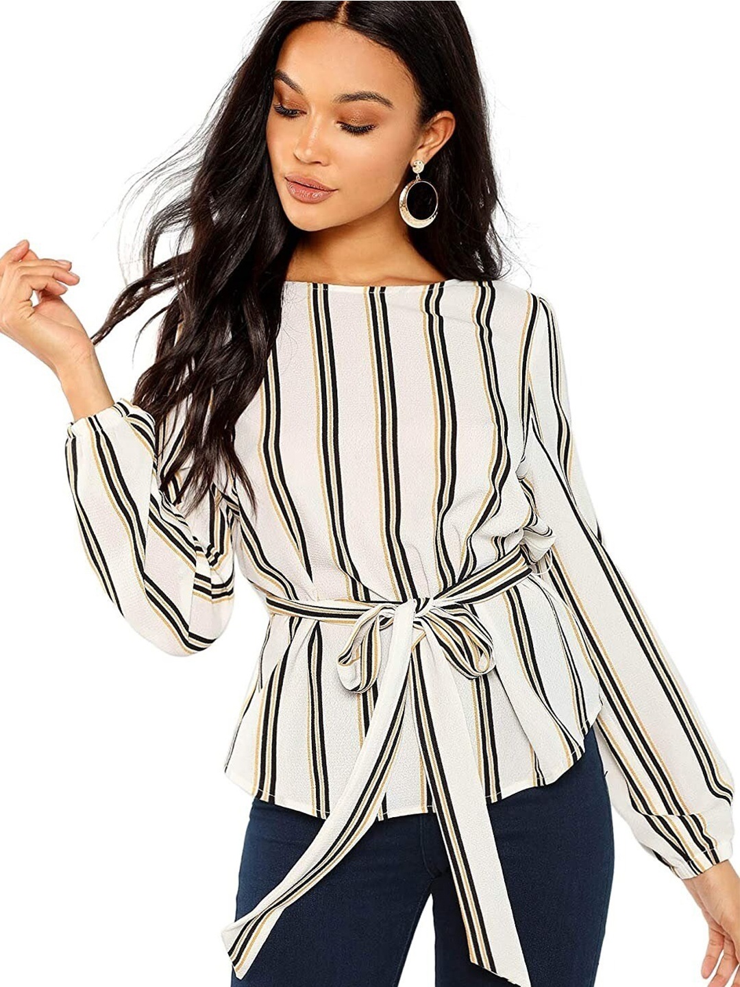 

Stylecast X Slyck Vertical Striped Puff Sleeves Top, White