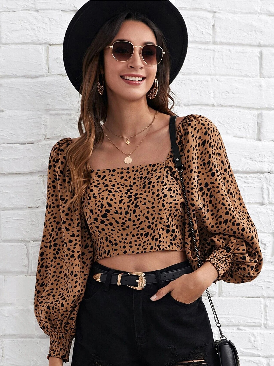 

Stylecast X Slyck Animal Print Bishop Sleeves Crop Top, Brown