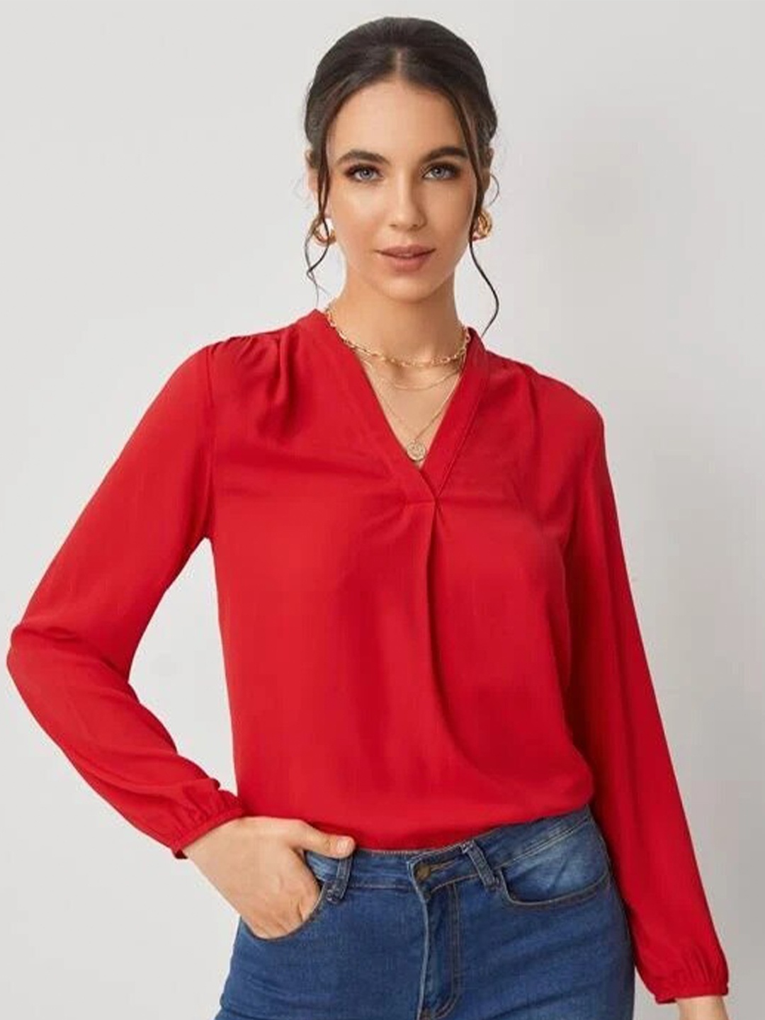 

Stylecast X Slyck V-Neck Puff Sleeves Shirt Style Top, Red