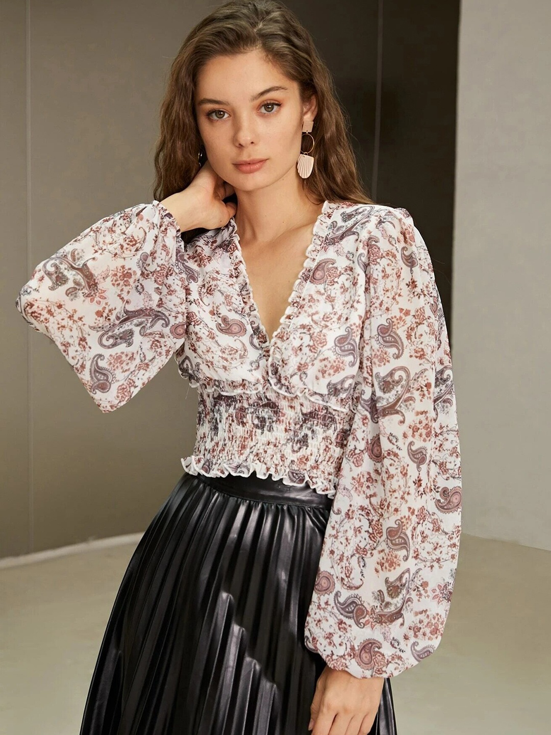 

Stylecast X Slyck Ethnic Motifs Printed Bishop Sleeves Smocked Crop Top, White