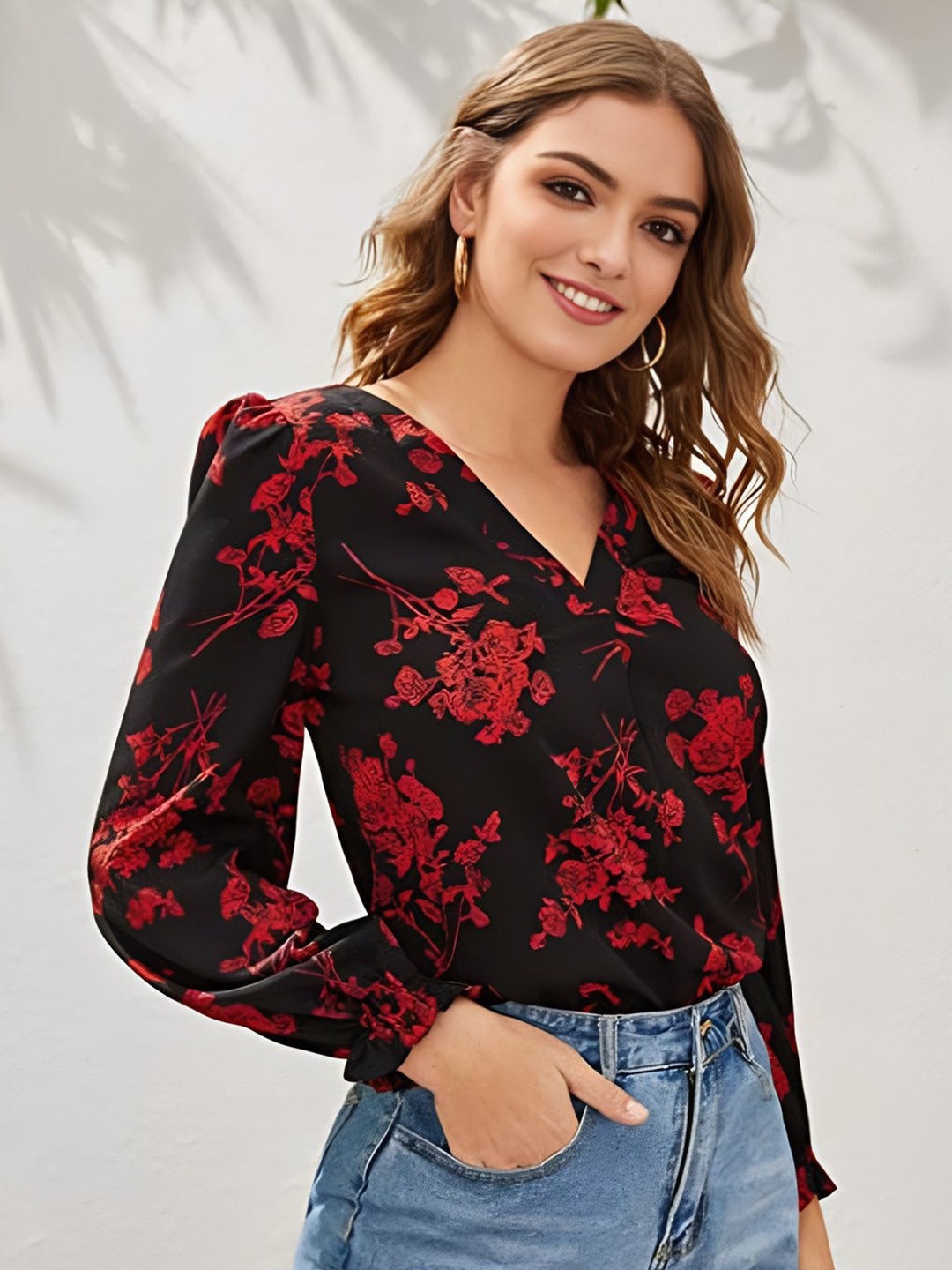 

Stylecast X Slyck Floral Printed Puffed Sleeves Top, Red