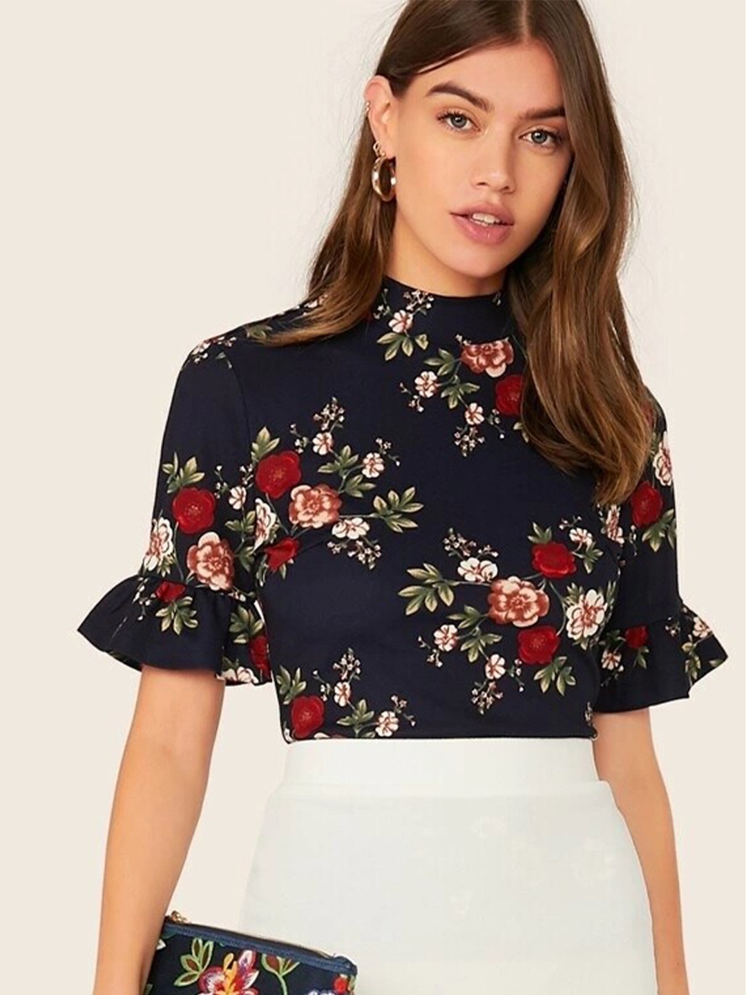 

Stylecast X Slyck Floral Printed Regular Top, Navy blue