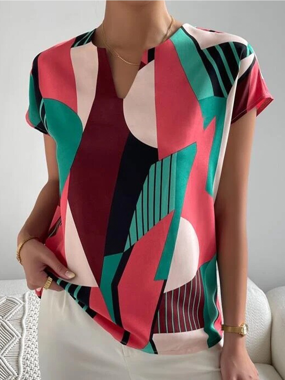 

Stylecast X Slyck Abstract Printed Cap Sleeves Top, Green
