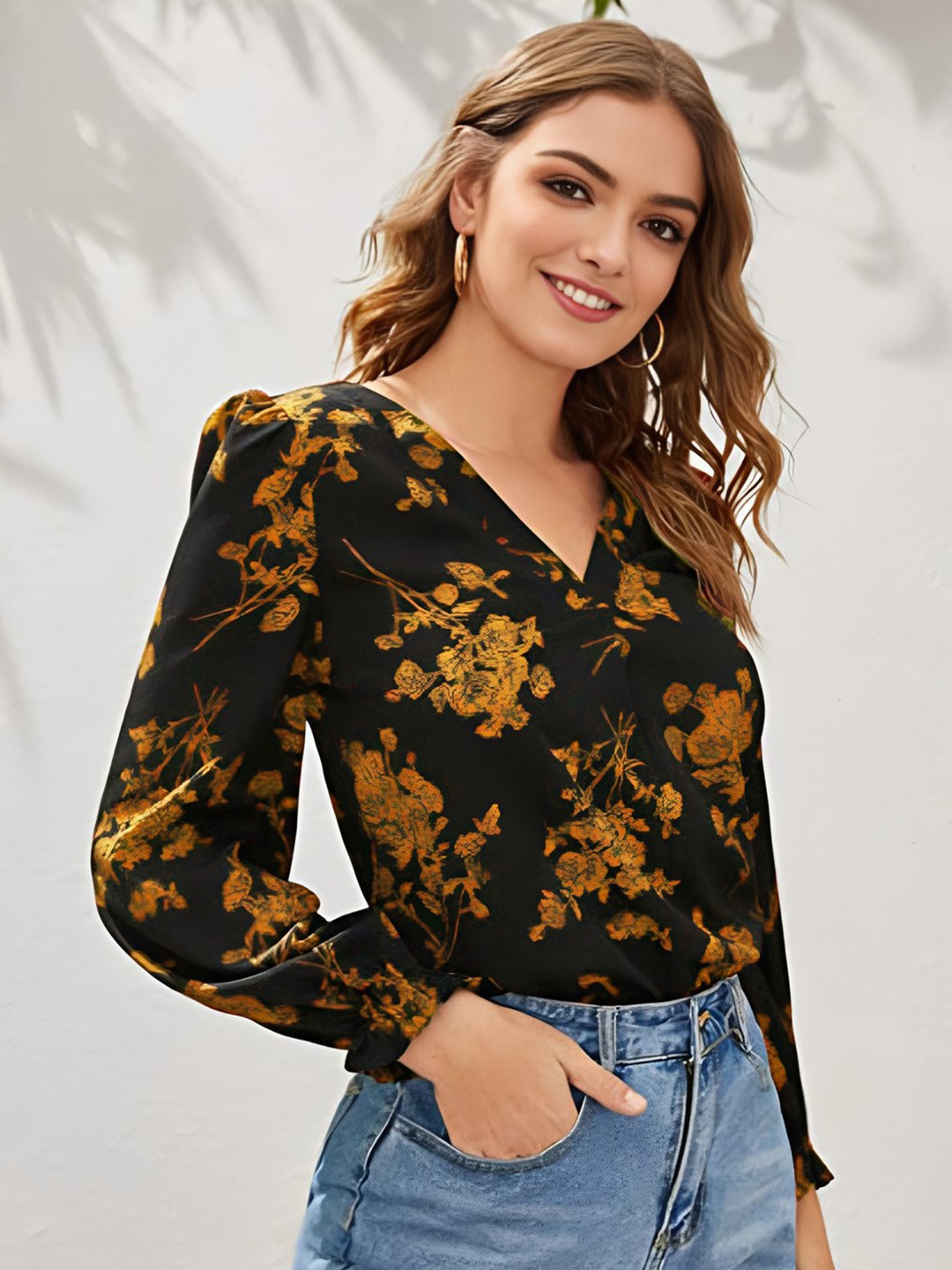 

Stylecast X Slyck Floral Printed V-Neck Puff Sleeves Regular Top, Mustard