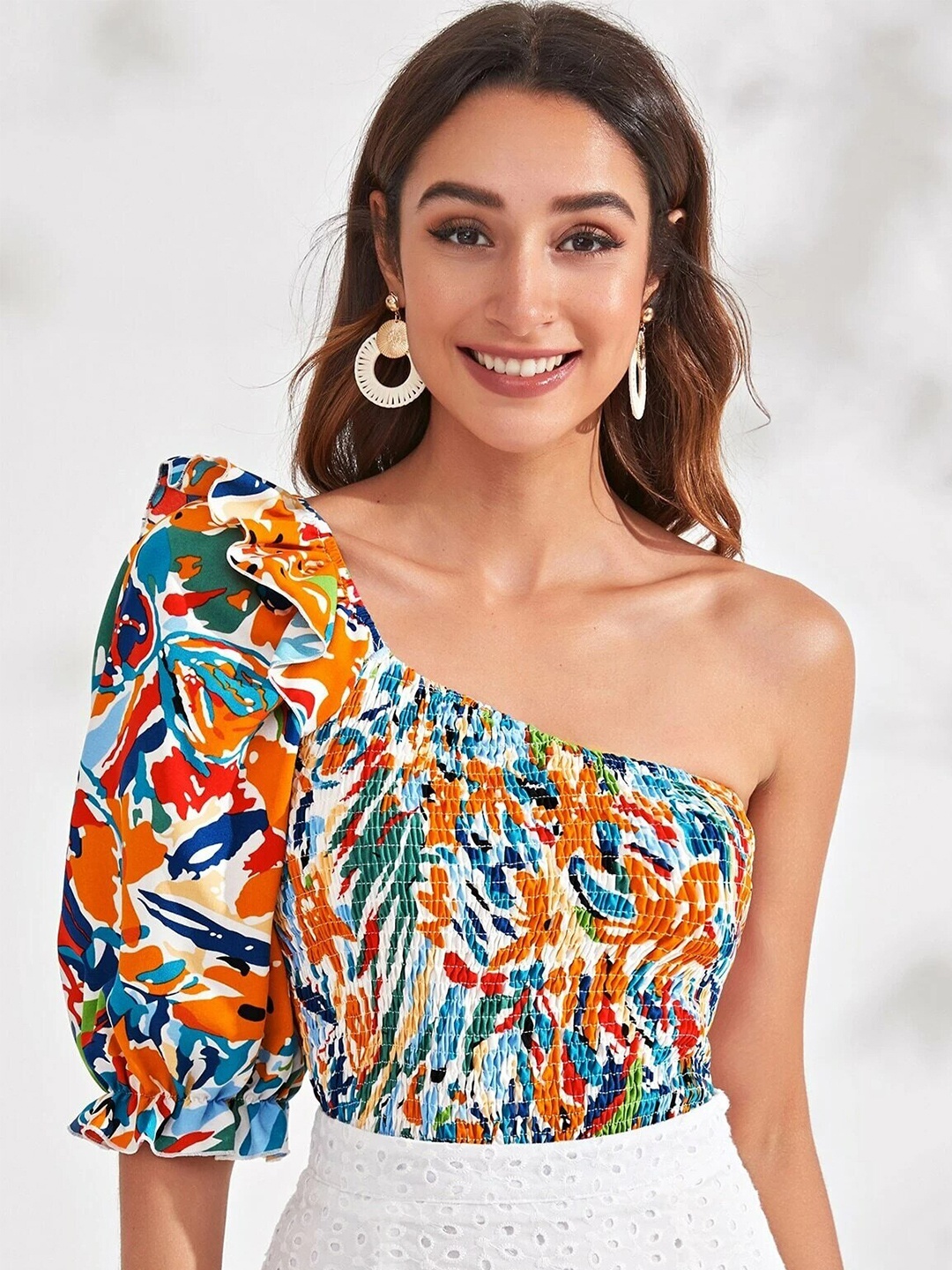 

Stylecast X Slyck Floral Printed One Shoulder Smocked Crop Top, Orange