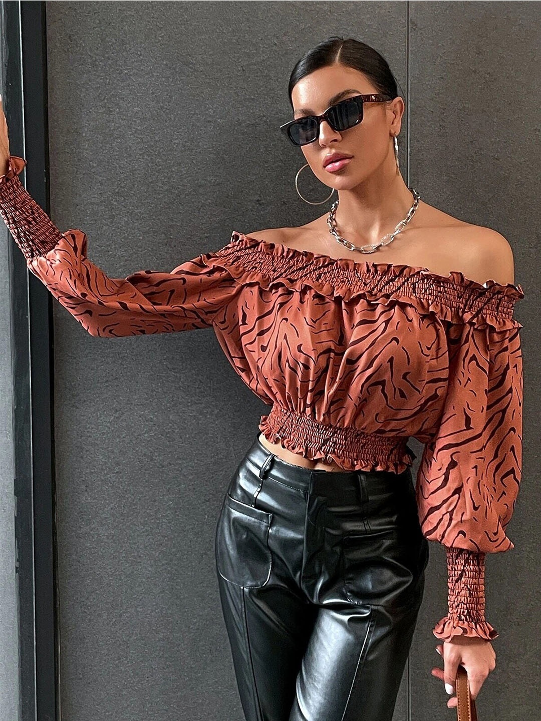 

Stylecast X Slyck Printed Off-Shoulder Bardot Top, Brown