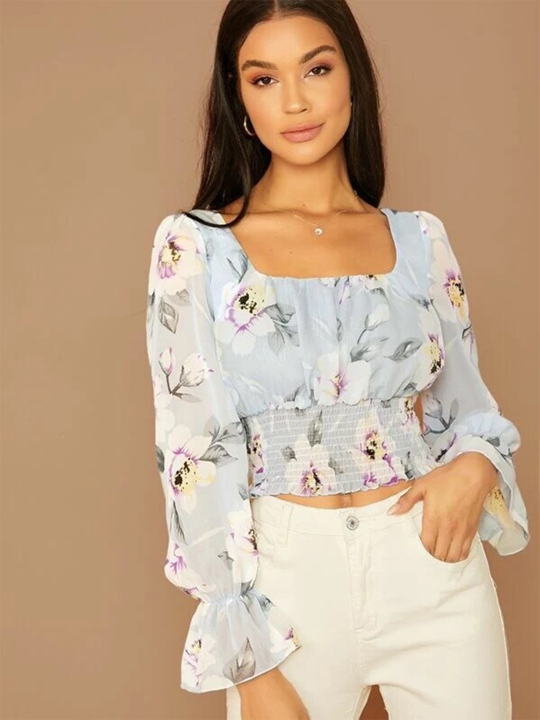 

Stylecast X Slyck Floral Printed Square Neck Smocked Bell Sleeves Crop Top, Blue