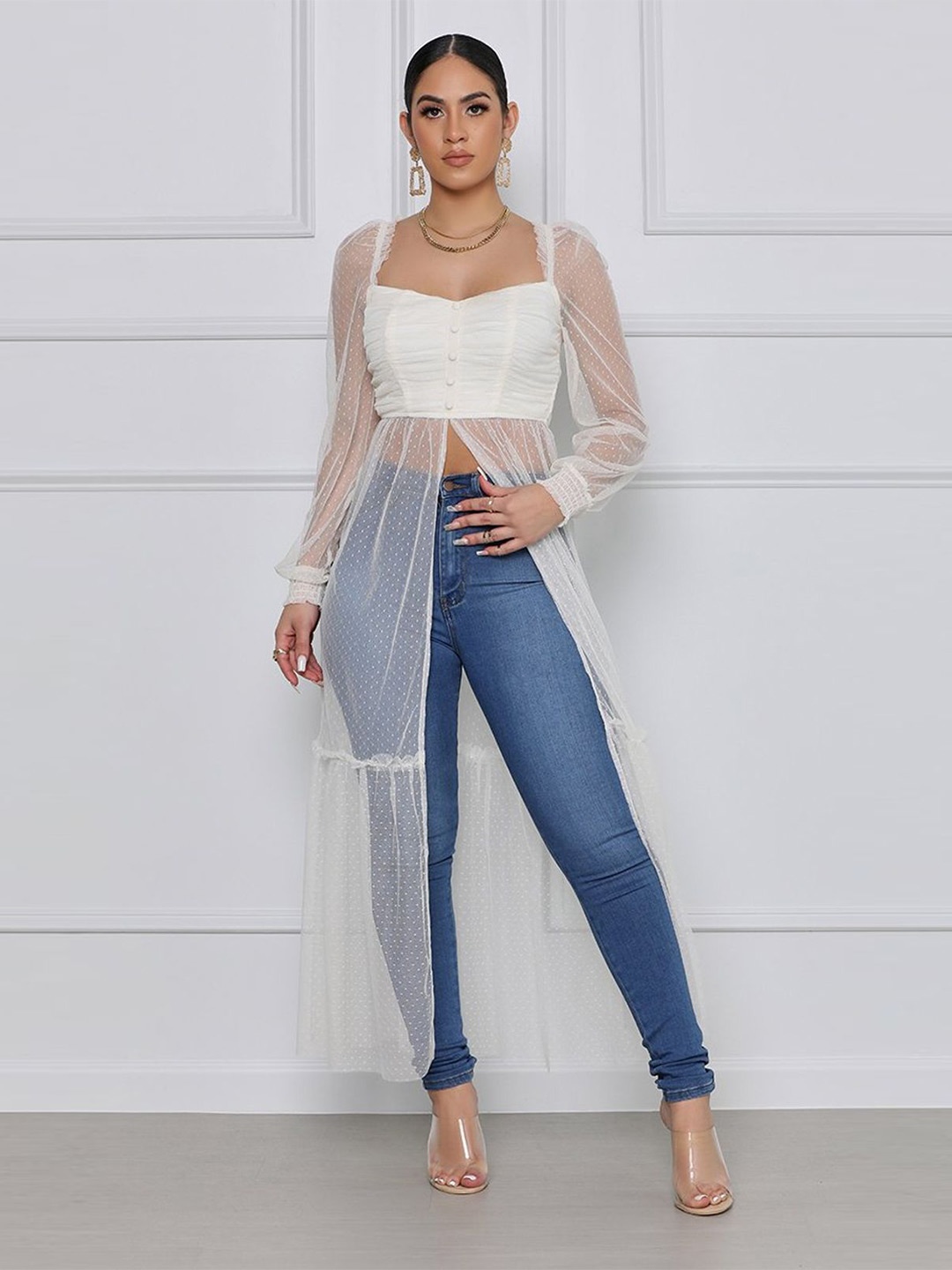 

Stylecast X Slyck Self Design Sweetheart Neck Smocked Longline Top, White