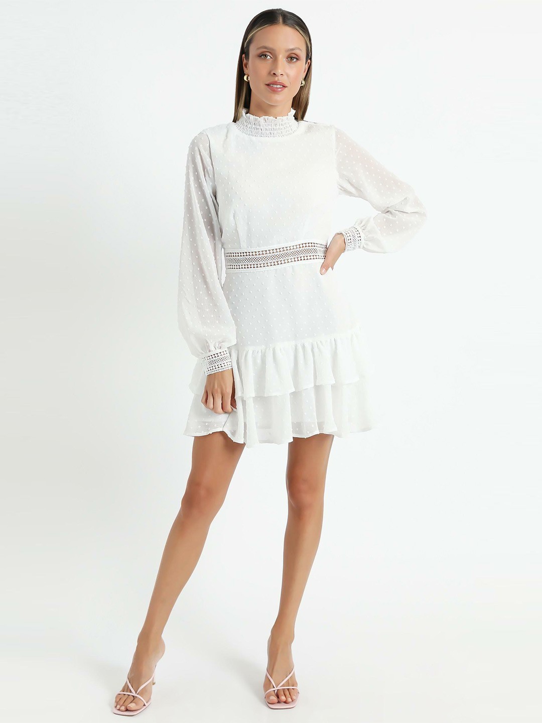 

Stylecast X Slyck Self Design High Neck Fit Flare Dress, White