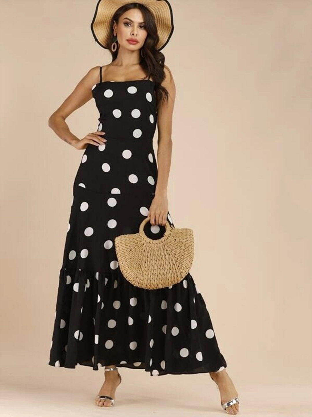 

Stylecast X Slyck Polka Dots Printed Shoulder Straps Gathered Tiered A-Line Maxi Dress, Black