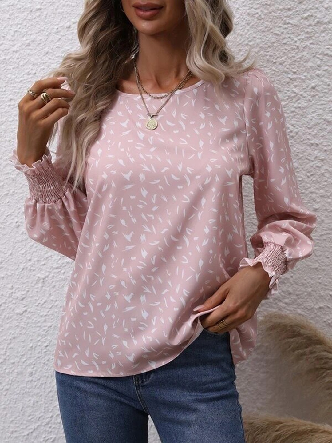 

Stylecast X Slyck Abstract Printed Bishop Sleeves Top, Peach
