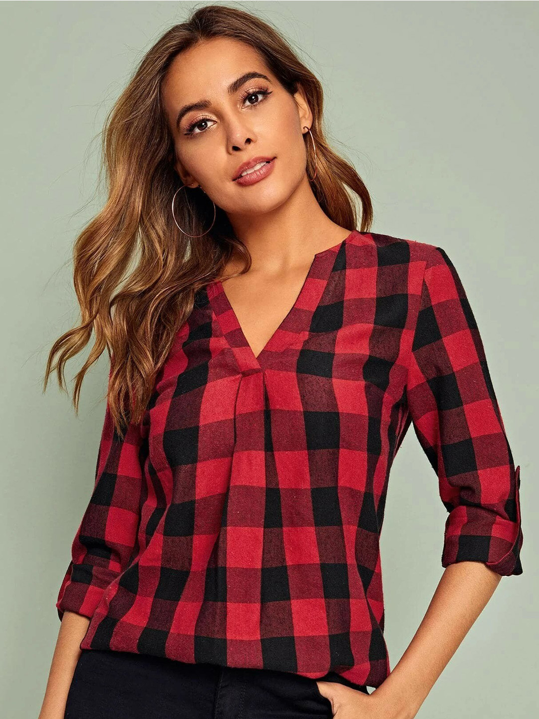 

Stylecast X Slyck Checked V-Neck Roll-Up Sleeves Regular Top, Red