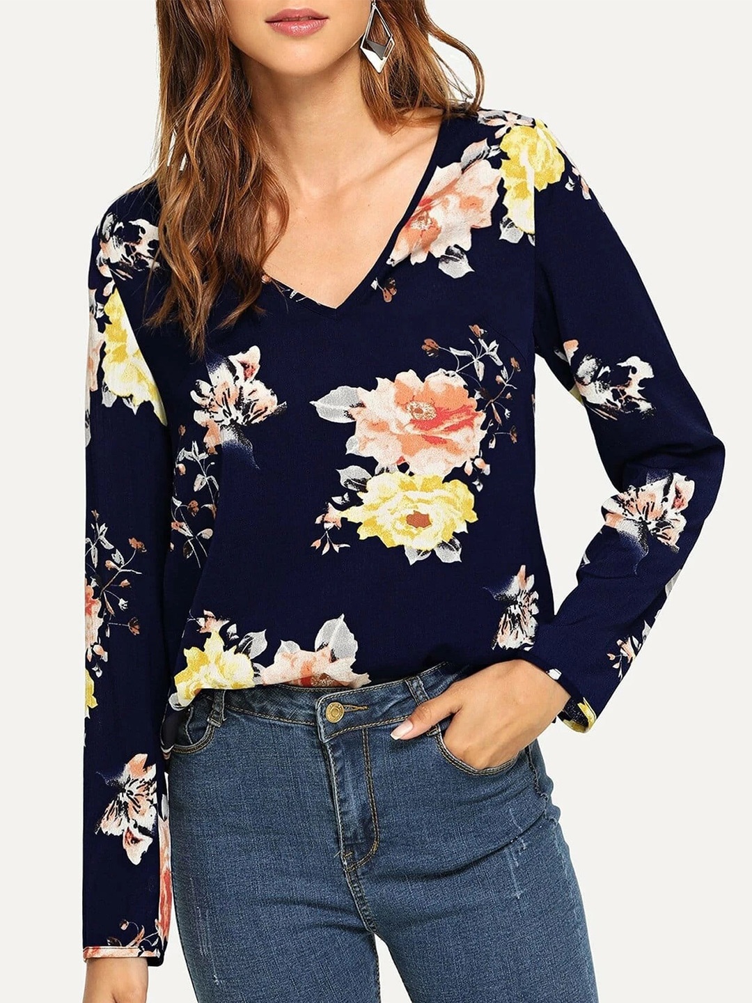 

Stylecast X Slyck Floral Printed V-Neck Top, Navy blue