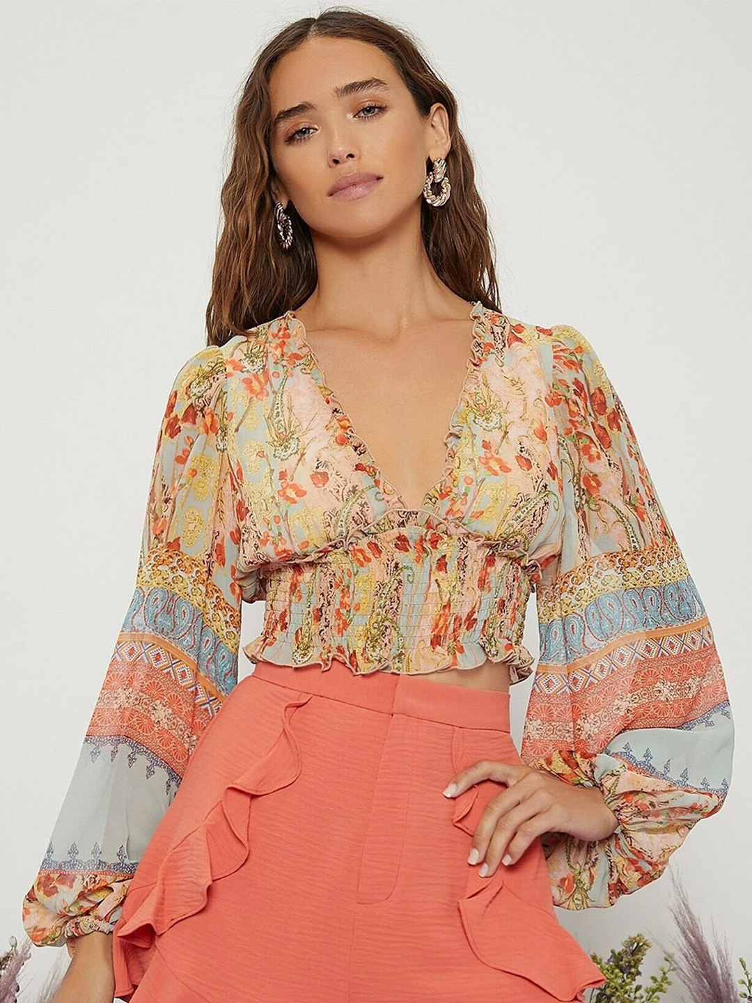 

Stylecast X Slyck Paisley Printed Bishop Sleeves Smocked Regular Crop Top, Peach