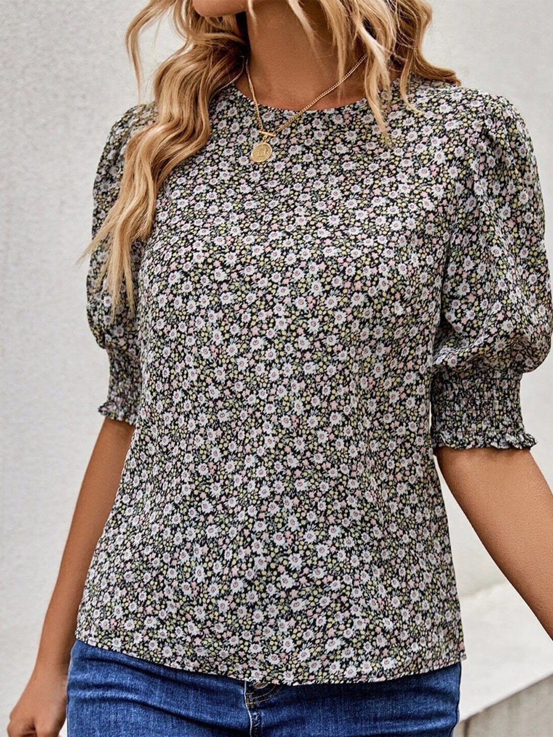 

Stylecast X Slyck Floral Printed Puff Sleeves Regular Top, Black