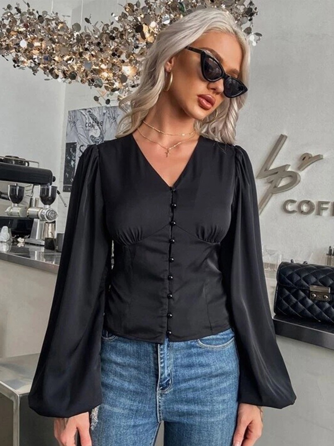 

Stylecast X Slyck V-Neck Puff Sleeve Top, Black