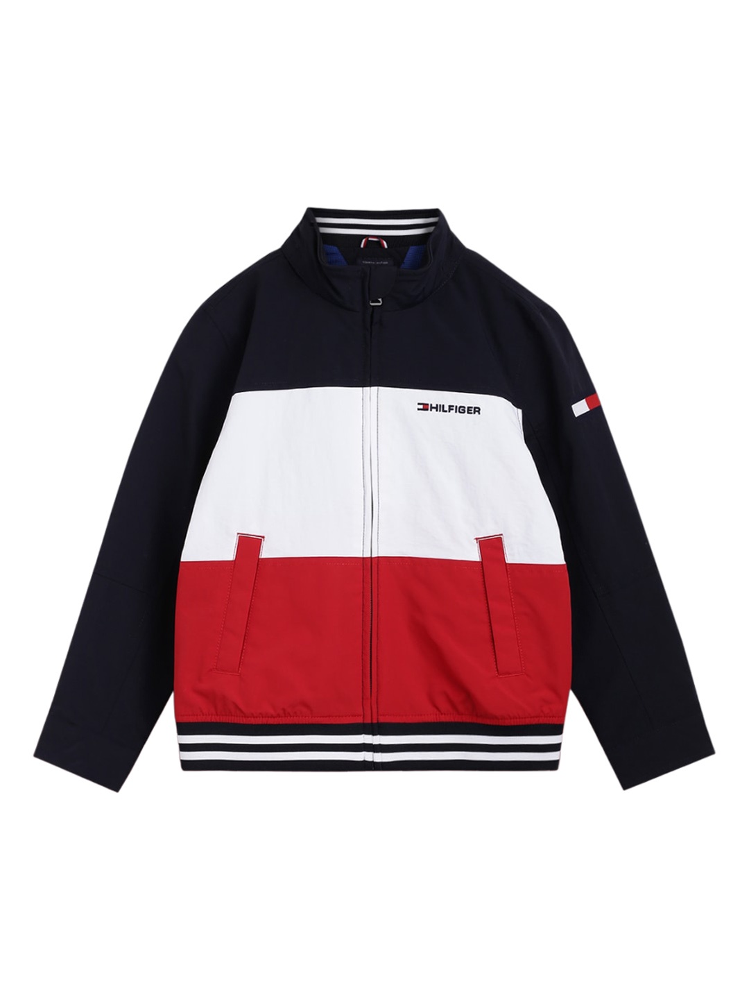 

Tommy Hilfiger Boys Colourblocked Mock Collar Long Sleeves Cotton Bomber Jacket, Blue