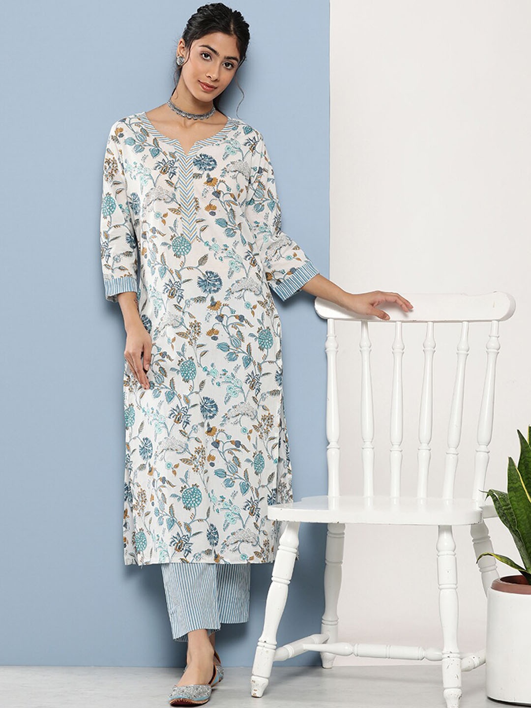 

KALINI Floral Printed Pure Cotton Straight Kurta With Trouser, White