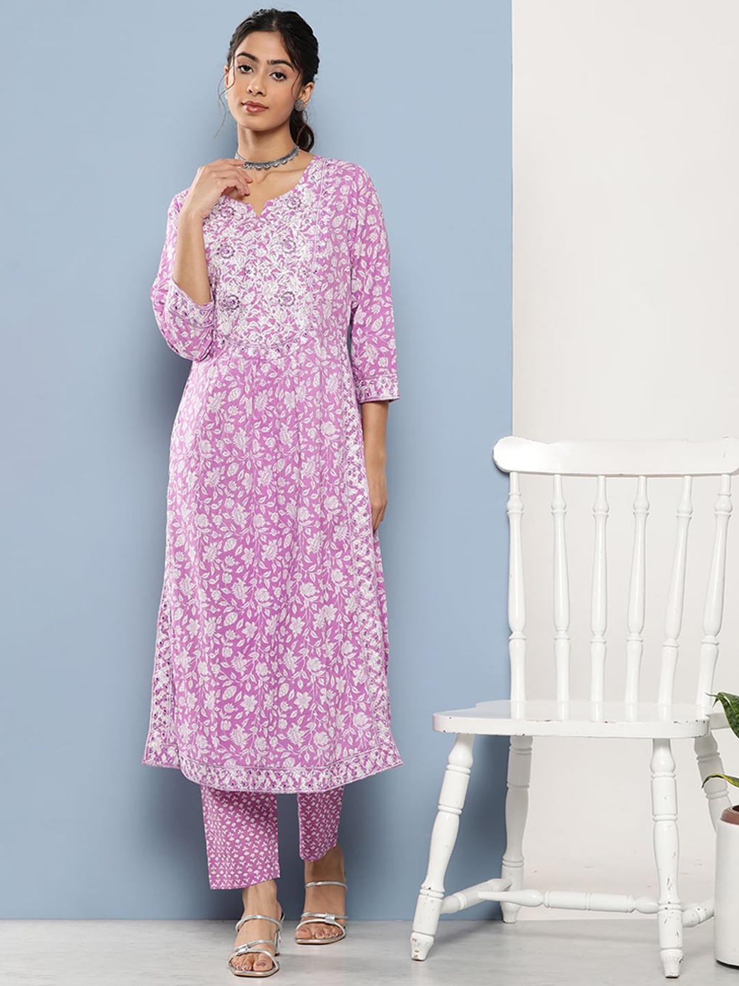 

KALINI Floral Printed Thread Work Detailed Pure Cotton Straight Kurta With Trouser, Purple