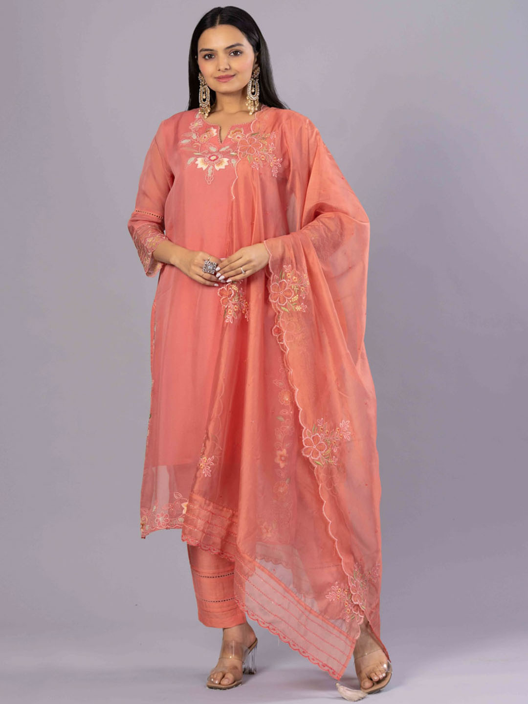 

HEEPOSH Floral Yoke Design Embroidered Kurta With Trousers & Dupatta, Peach