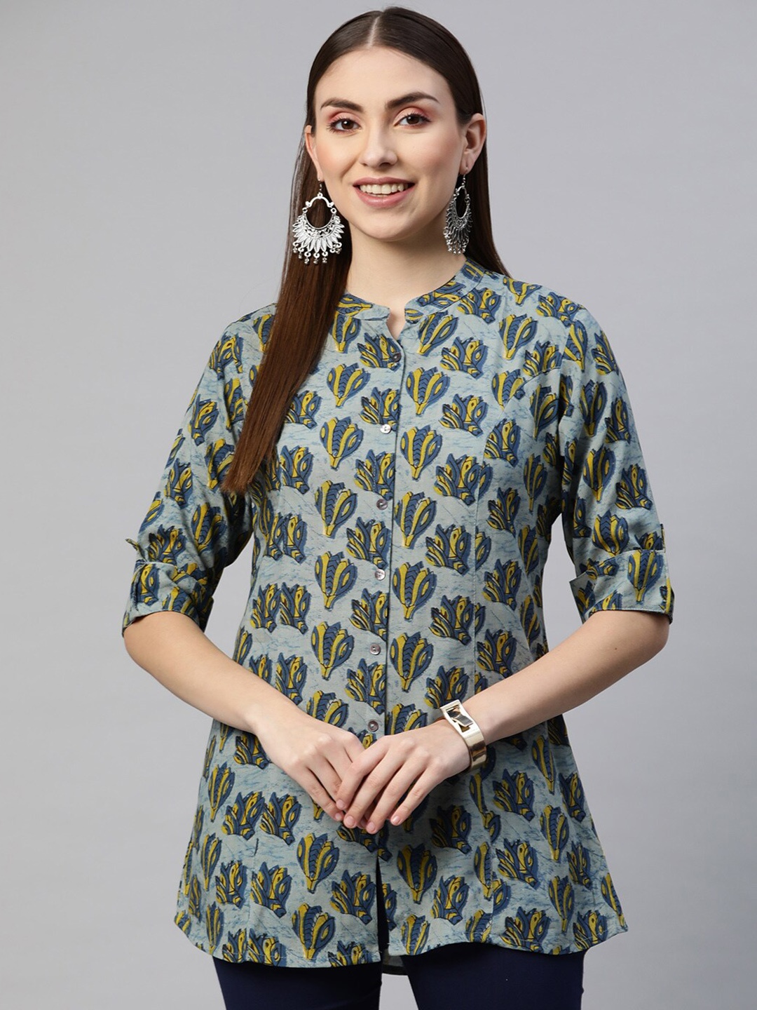 

KALINI Floral Printed Mandarin Collar Roll-Up Sleeves Shirt Style Top, Blue