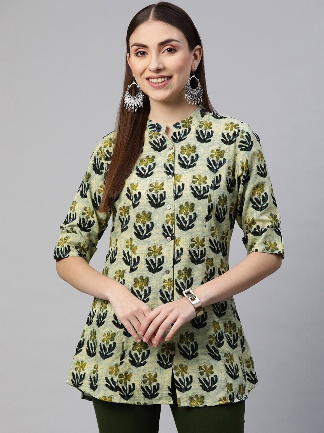 

KALINI Floral Printed Mandarin Collar Roll-Up Sleeves Shirt Style Top, Green