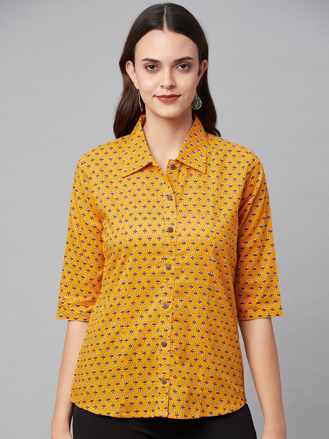 

KALINI Comfort Ethnic Printed Spread Collar Three-Quarter Sleeves Cotton Casual Shirt, Yellow