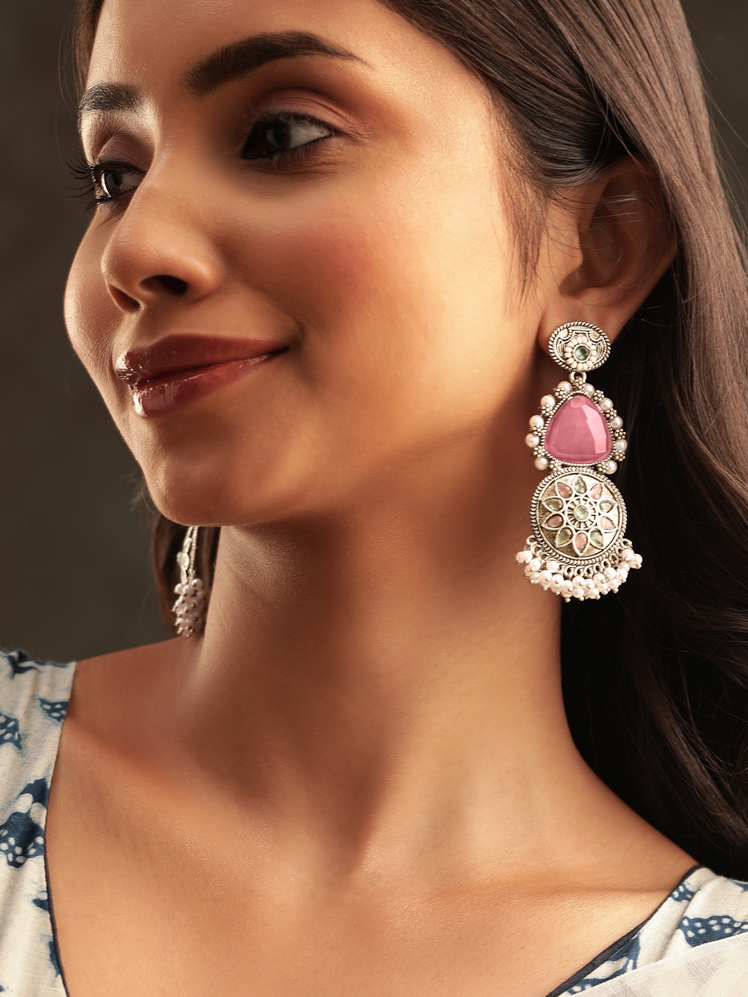 

Rubans Silver Plated Stone Studded & Beaded Classic Drop Earrings