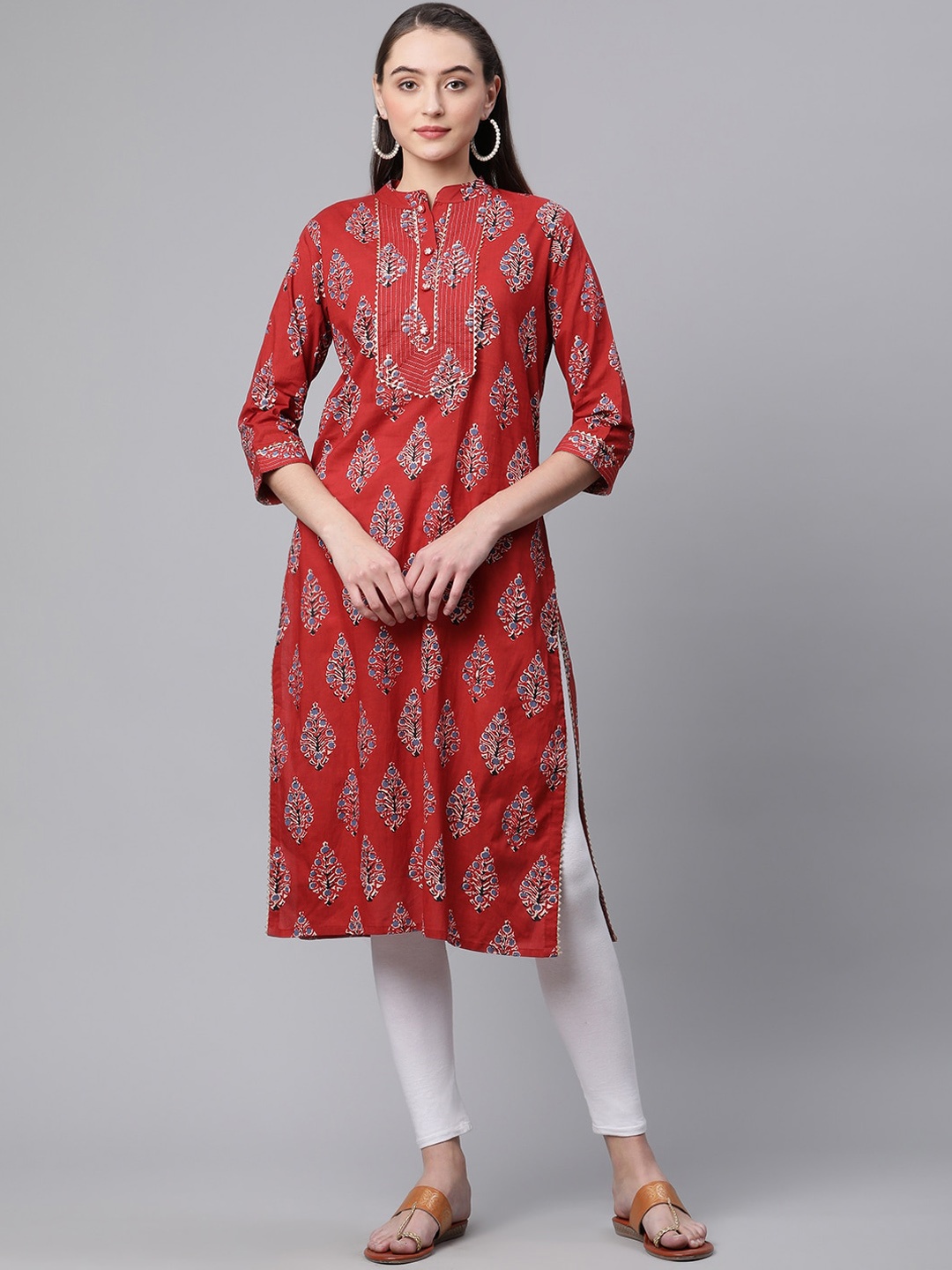 

KALINI Ethnic Motifs Printed Pure Cotton Straight Kurta, Maroon