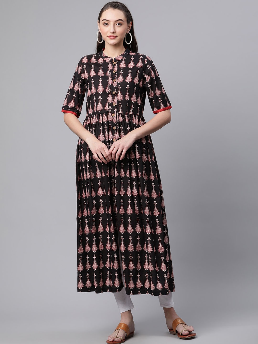 

KALINI Ethnic Motifs Printed Mandarin Collar Short Sleeves Cotton Anarkali Kurta, Black