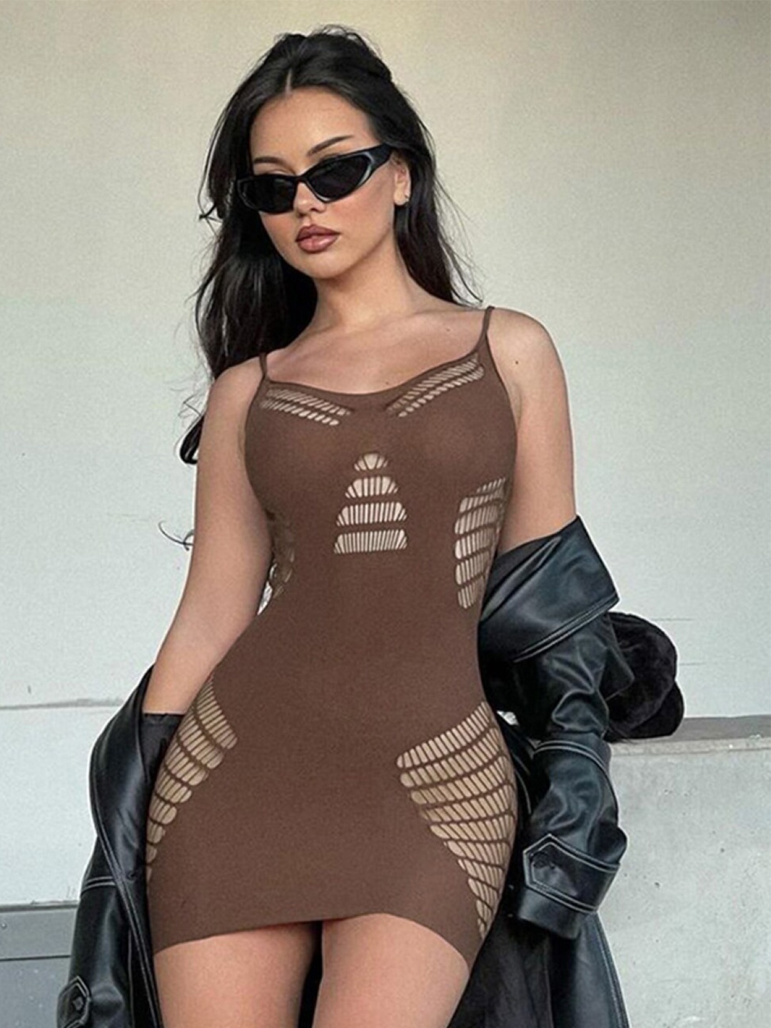 

StyleCast Brown Shoulder Strap Cut-Outs Bodycon Mini Dress