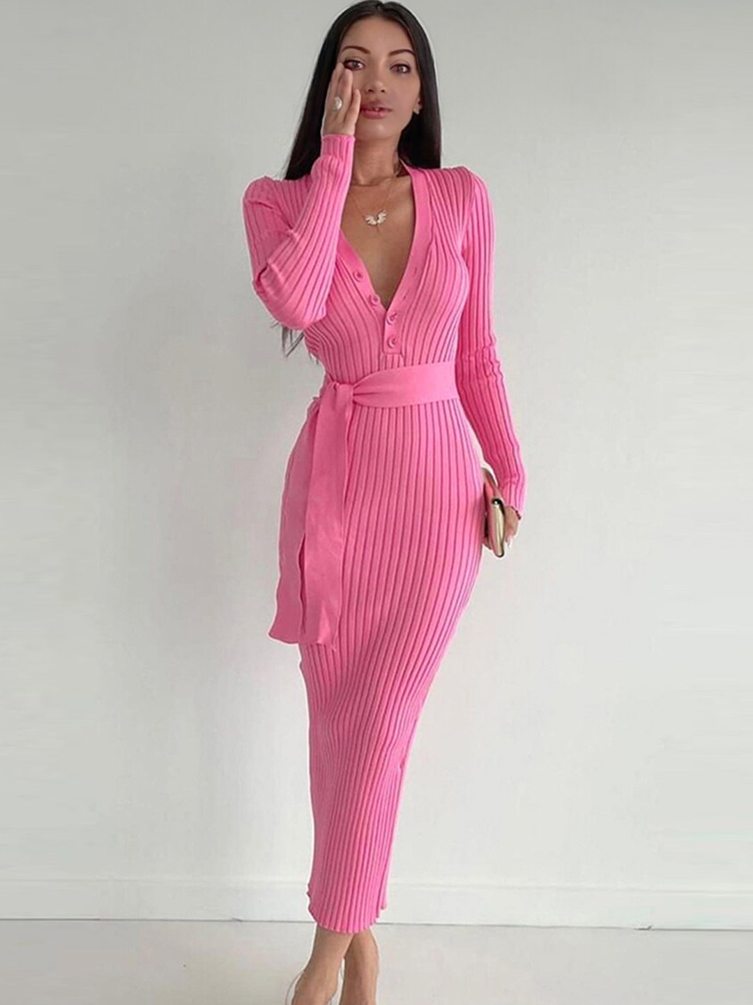 

StyleCast Pink Self Design V-Neck Cotton Bodycon Dress