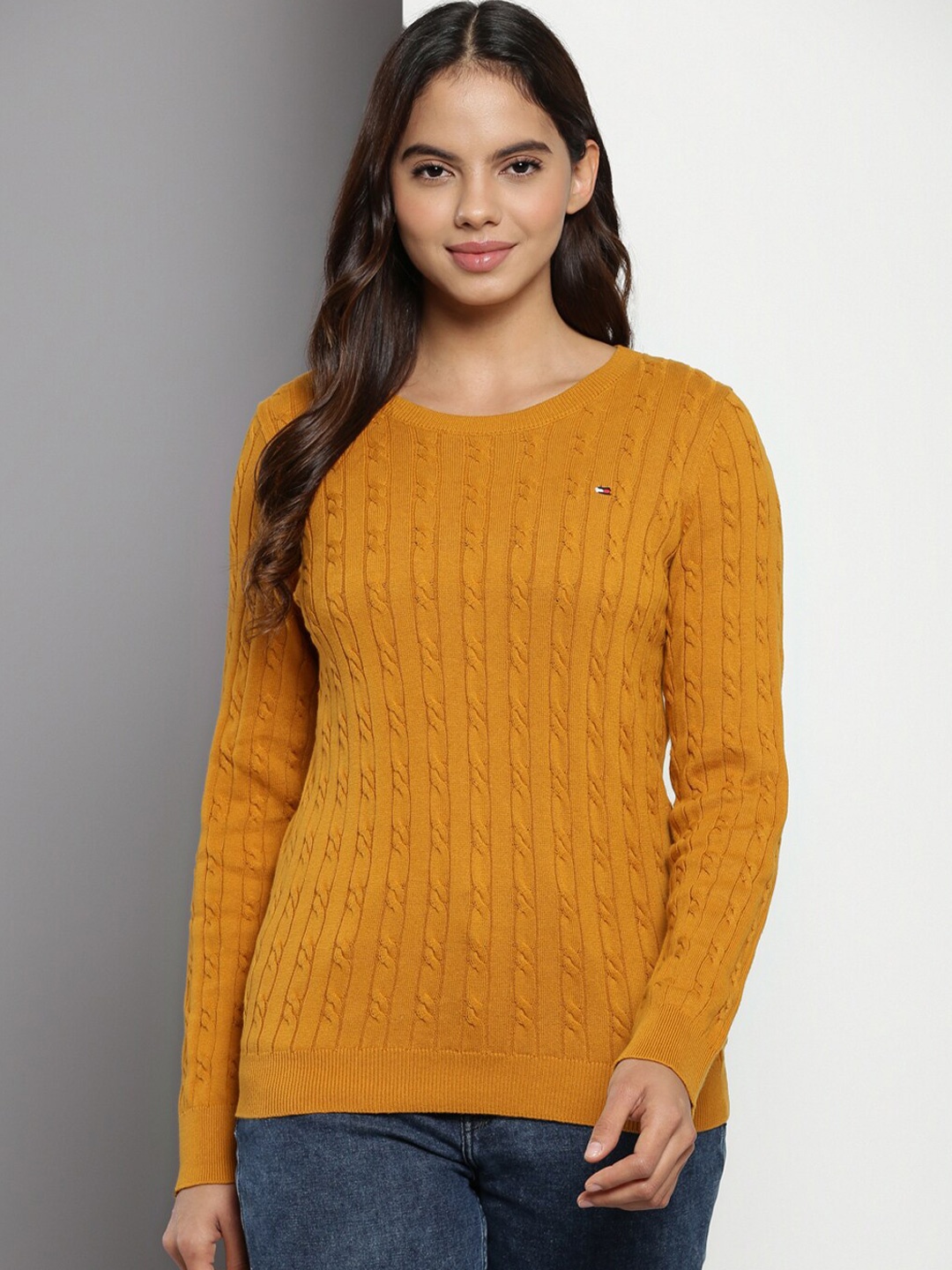 

Tommy Hilfiger Cable Knit Round Neck Cotton Pullover Sweater, Mustard