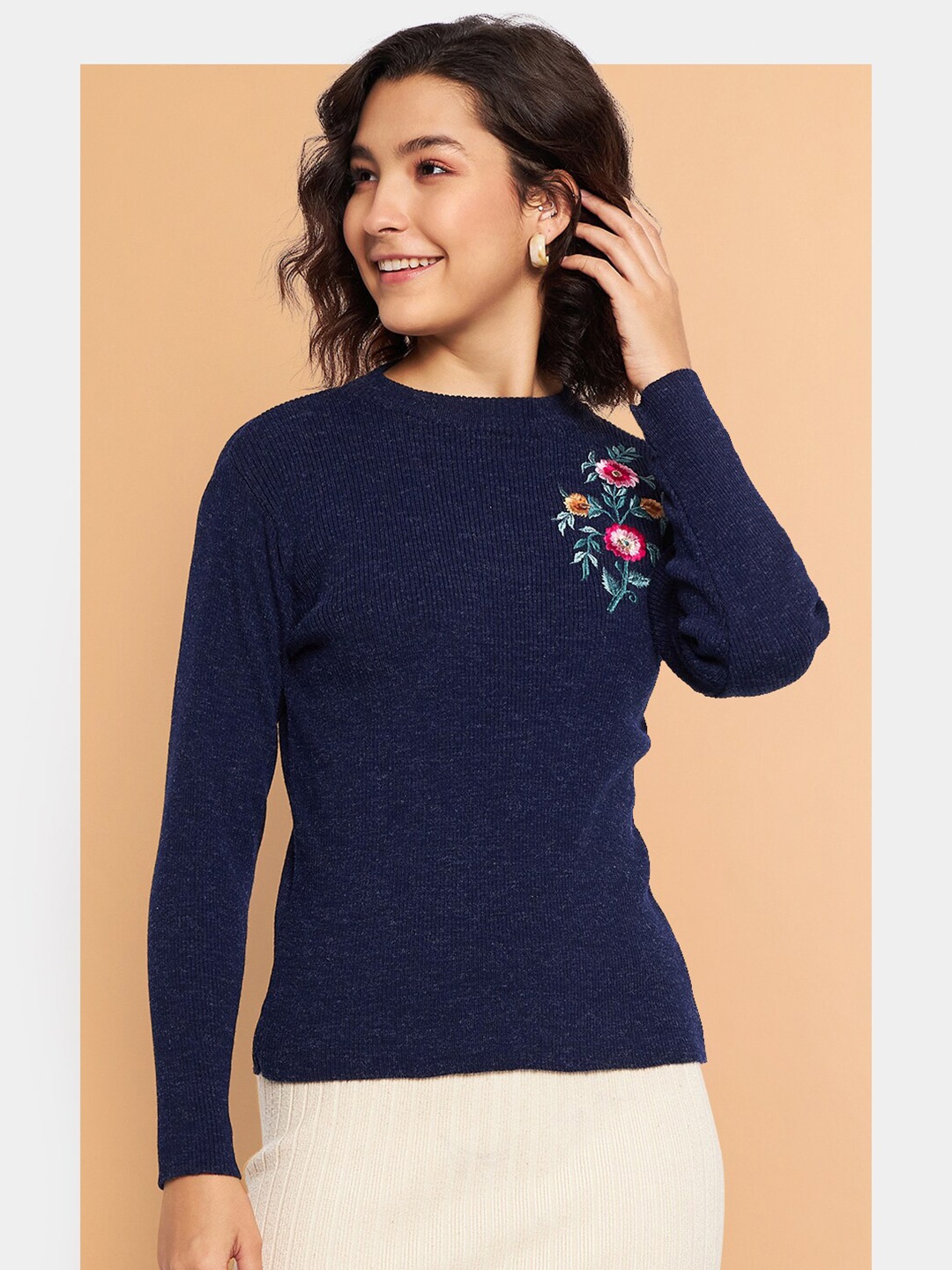 

Chemistry Floral Embroidered Woollen Top, Navy blue