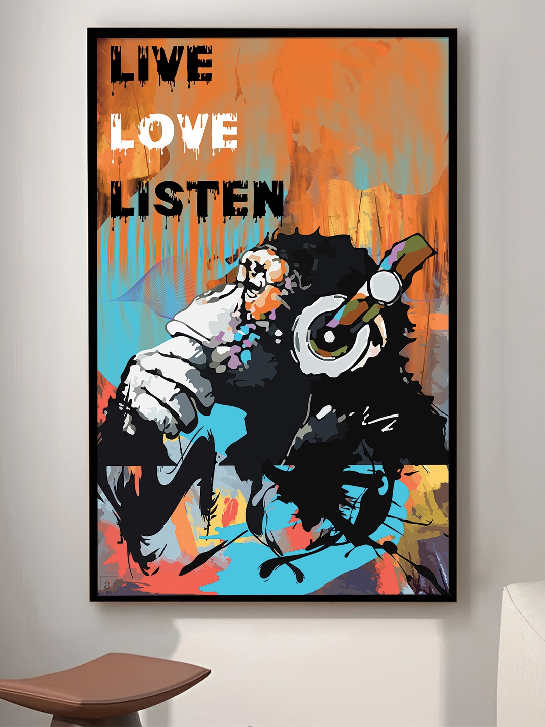 

Art Street Blue & Black Monkey Live Love Listen Pop Graffiti Painted Framed Wall Art