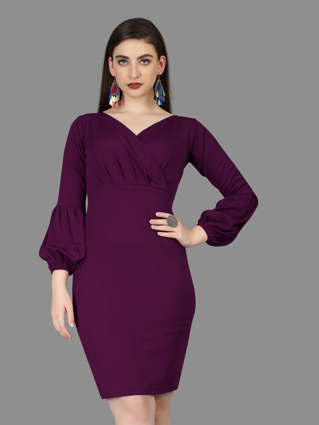 

BAESD V-Neck Puff Sleeves Pleated Sheath Dress, Purple