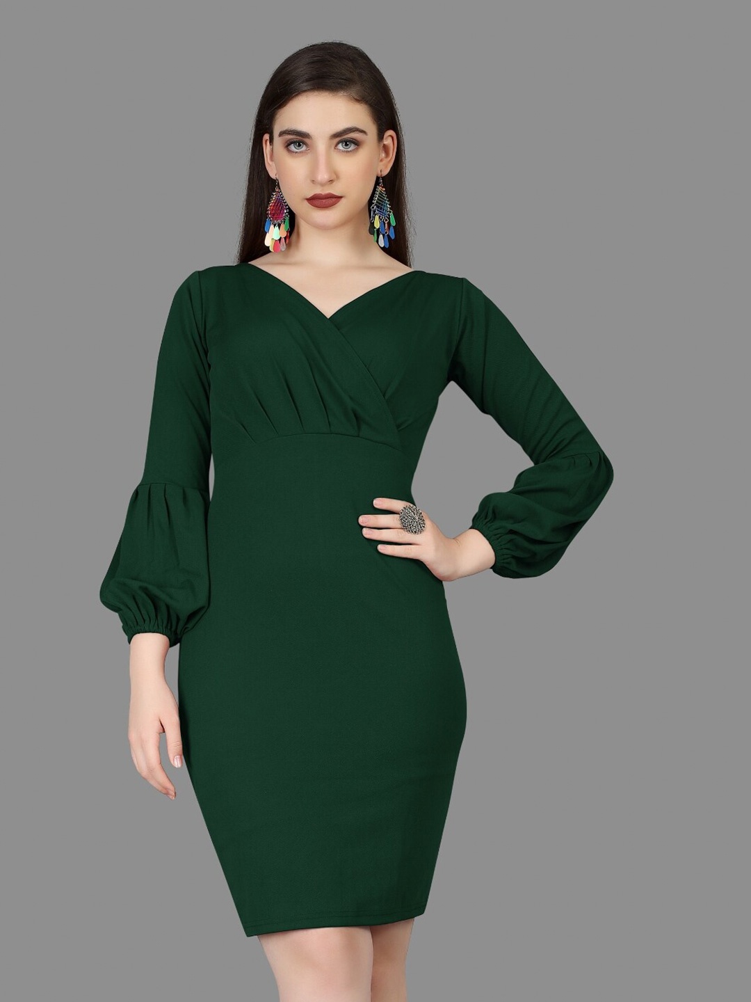 

BAESD V-Neck Puff Sleeves Pleated Sheath Dress, Green