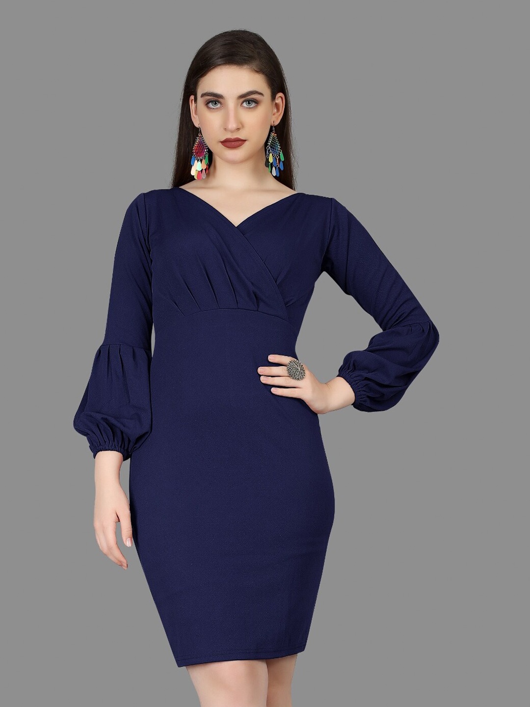 

BAESD V-Neck Puff Sleeves Pleated Sheath Dress, Blue