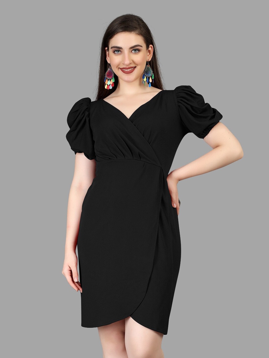 

BAESD V-Neck Puff Sleeves Pleated Sheath Dress, Black