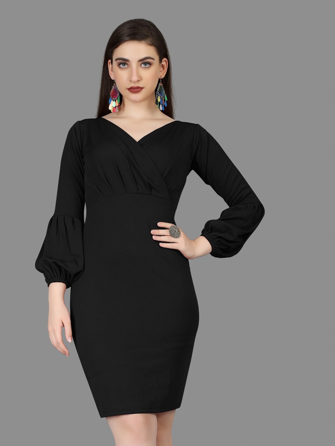 

BAESD V-Neck Puff Sleeves Pleated Sheath Dress, Black