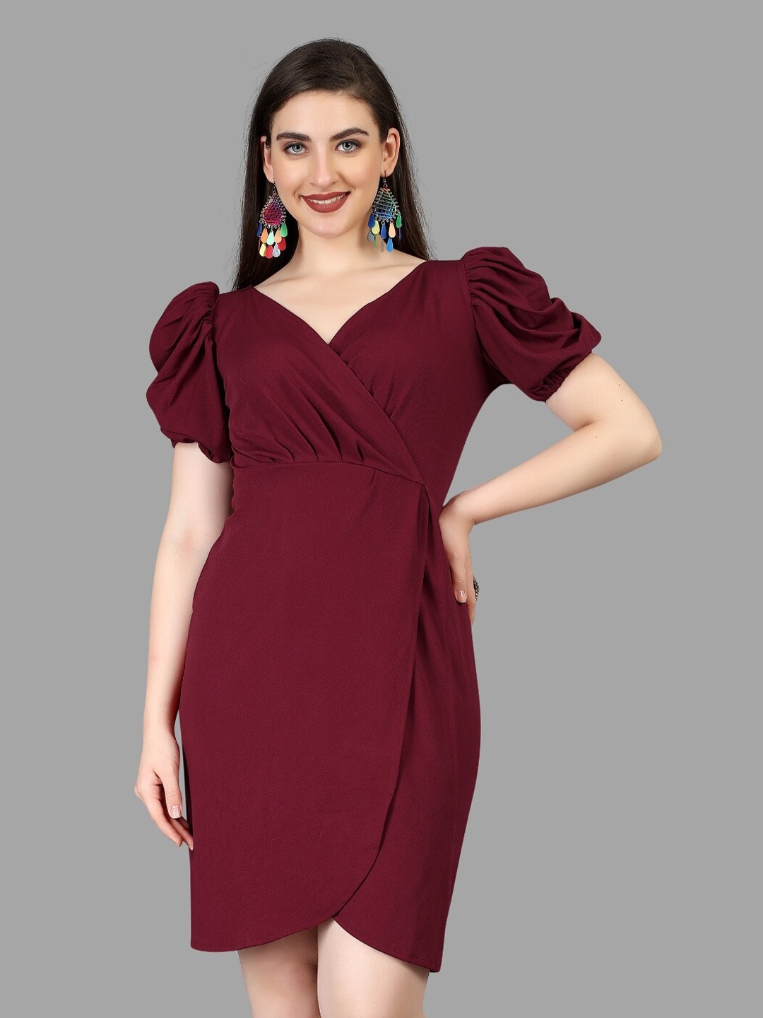 

BAESD V-Neck Puff Sleeves Pleated Sheath Dress, Maroon