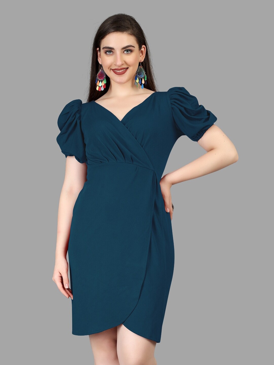 

BAESD V-Neck Puff Sleeves Pleated Sheath Dress, Teal