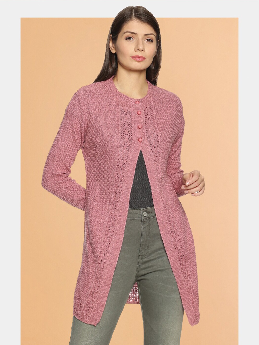 

Chemistry Self Design Woollen Longline Button Shrug, Pink