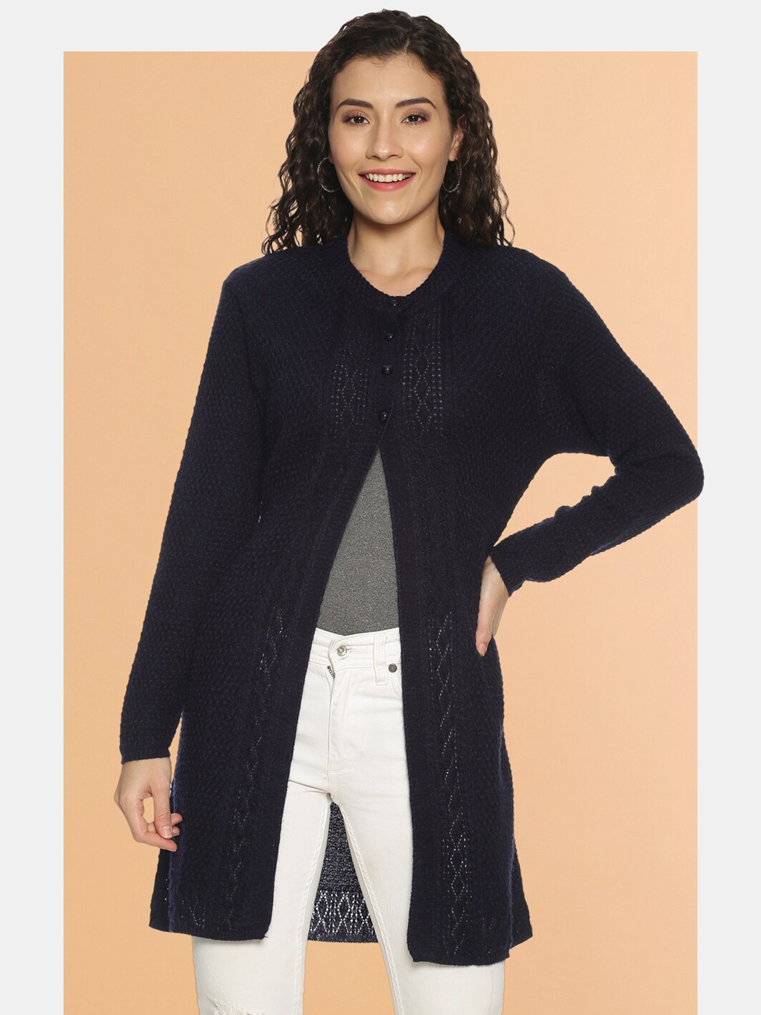 

Chemistry Self Design Woollen Longline Button Shrug, Navy blue