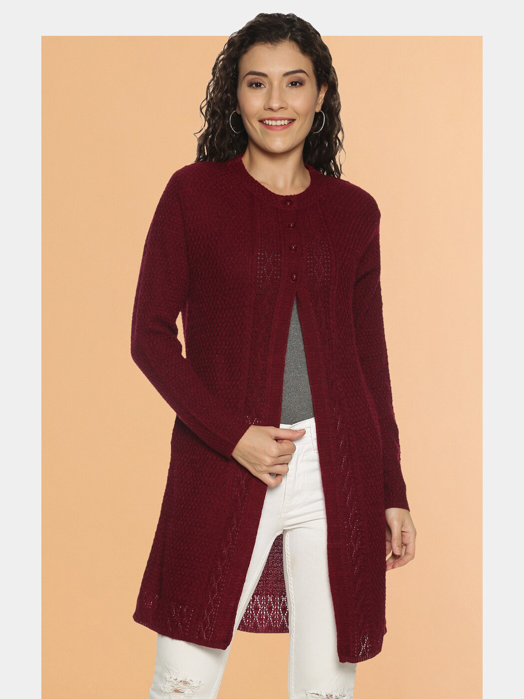 

Chemistry Cable Knit Long Sleeves Wool Longline Cardigan Sweater, Maroon