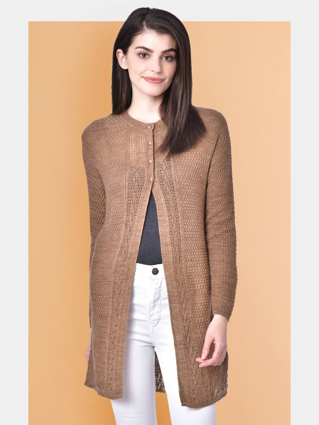 

Chemistry Cable Knit Long Sleeves Wool Longline Cardigan Sweater, Brown