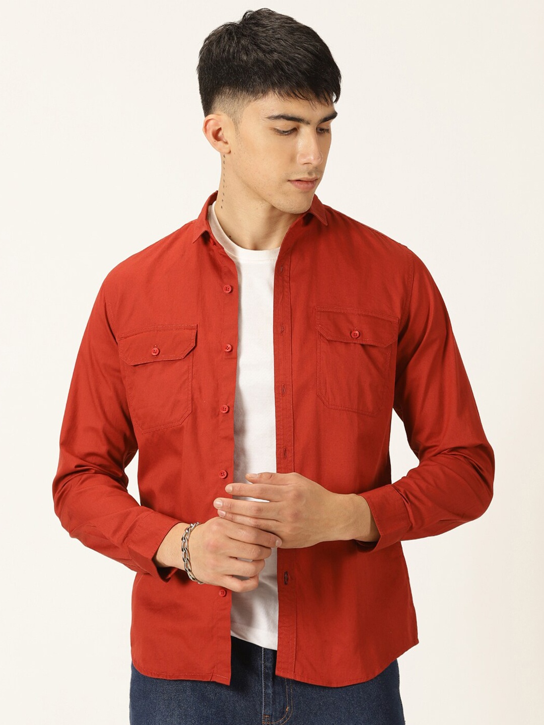 

Mast & Harbour Red Classic Slim Fit Spread Collar Pure Cotton Casual Shirt