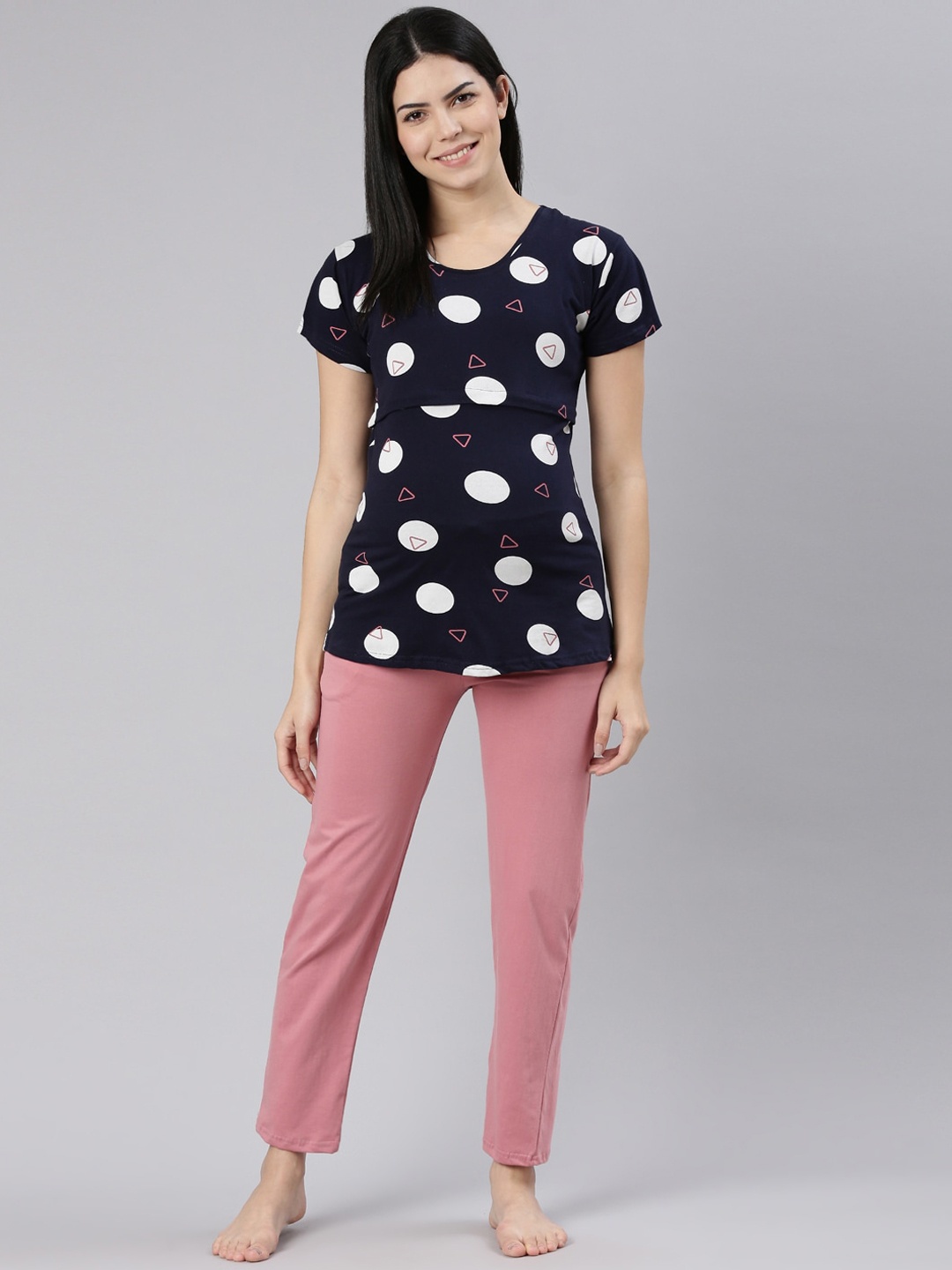 

TRUNDZ Polka Dots Printed Maternity T-shirt With Lounge Pant, Navy blue